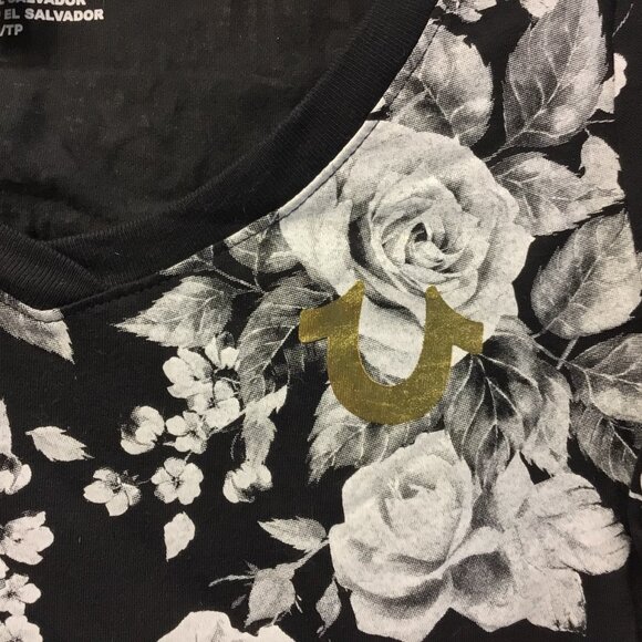 TRUE RELIGION Women's T-shirt XS Black Floral Gold Crystal BUDDHA LOGO NWT - Picture 2 of 8